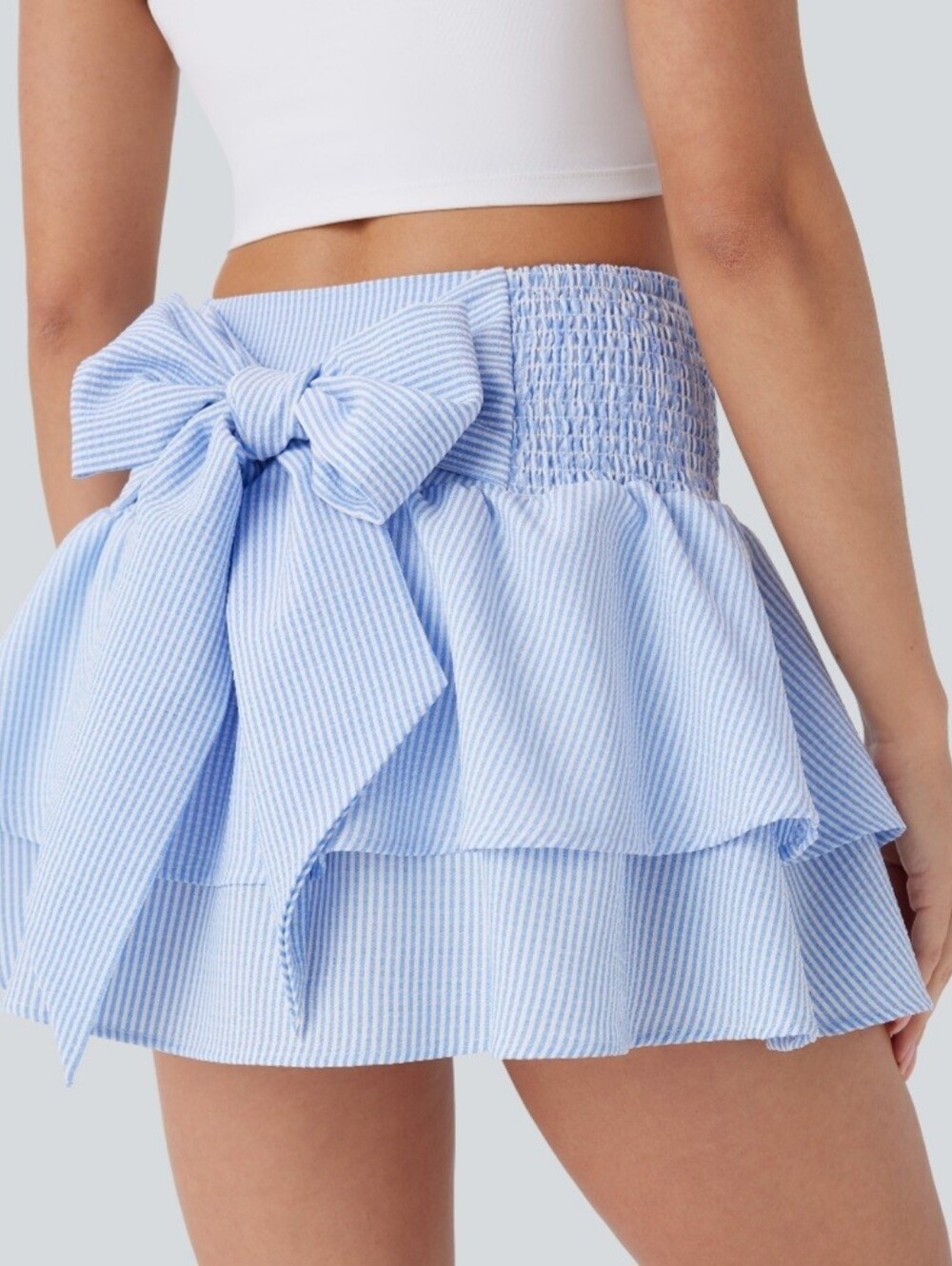 Halara High Waisted Tie Back Shirred Tiered Mini Casual Skirt Bow